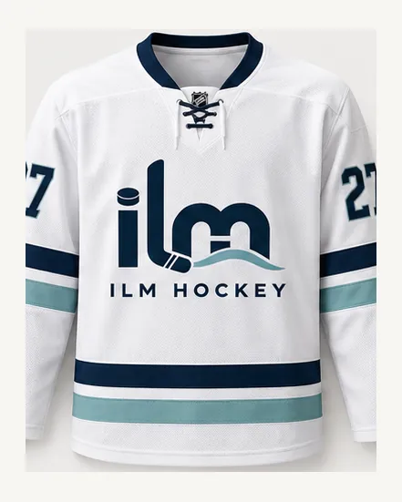 ILM Hockey away jersey in white with navy and coastal blue trim